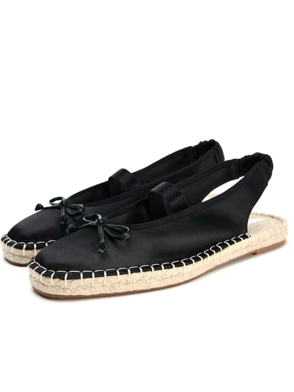 Zara Woman Satin Effect Espadrilles Black Bow Flats Ballet Style Size 41/10 NWT